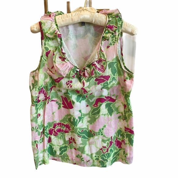 Talbots Floral Print Pink Green Ruffled Collar Top - Picture 1 of 5